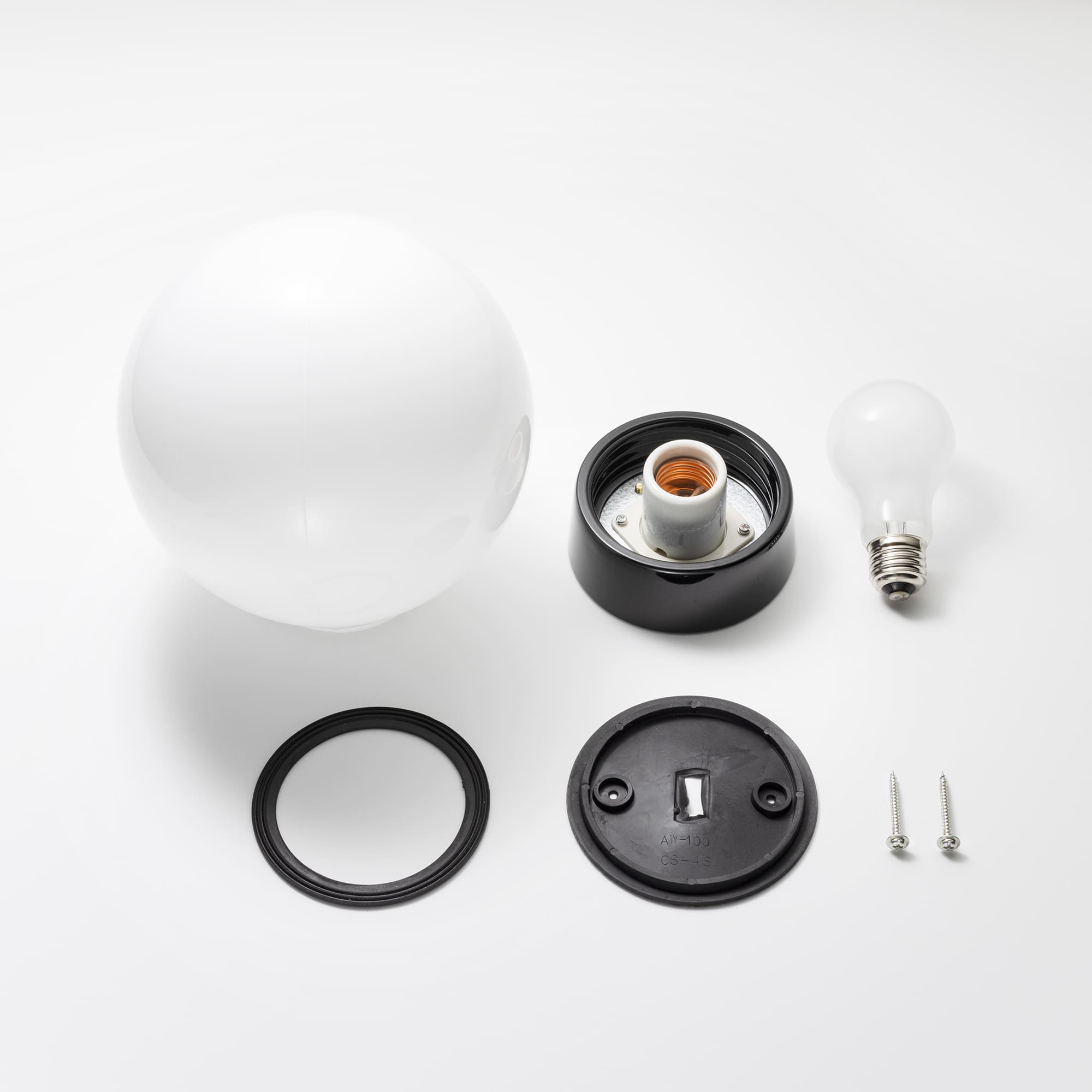 ミルクガラス照明 ブラック ボール（中） LT-BR005-08-G141 電球、ゴムパッキン、取付ネジが付属します