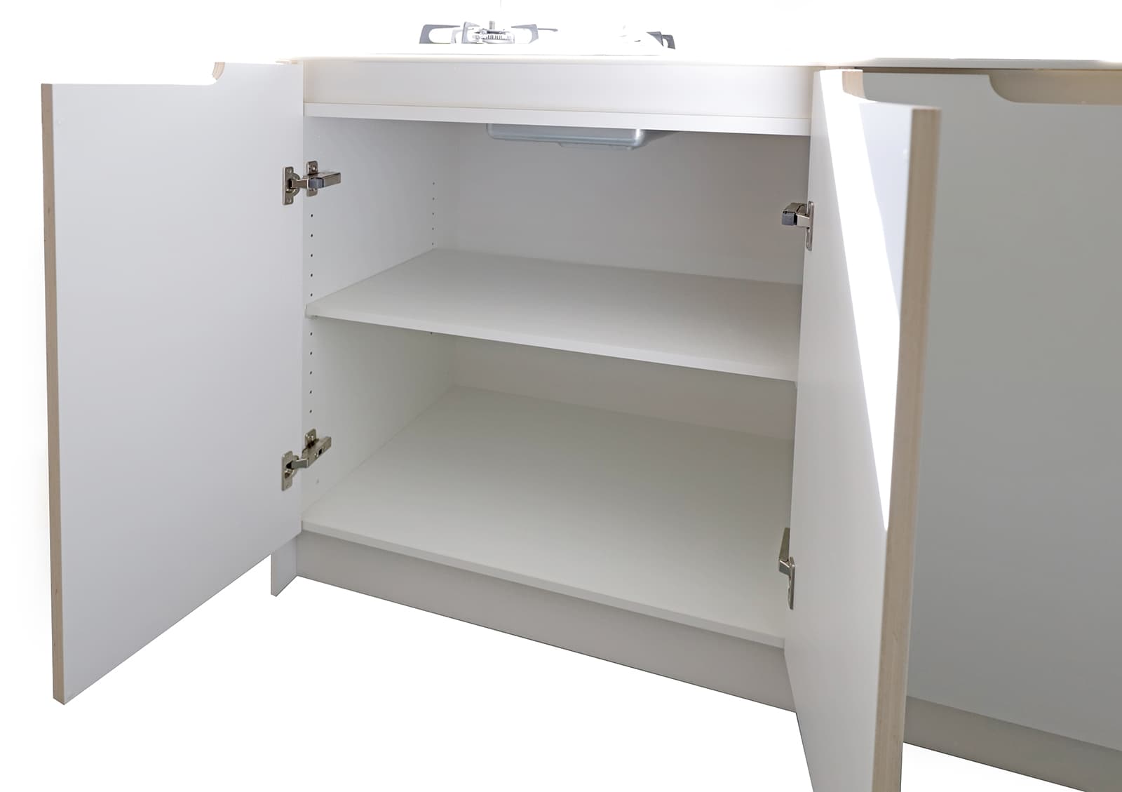 キャビネットキッチン ホワイト W1500 KB-KC020-01-G183 コンロ側に棚板が1枚付きます
