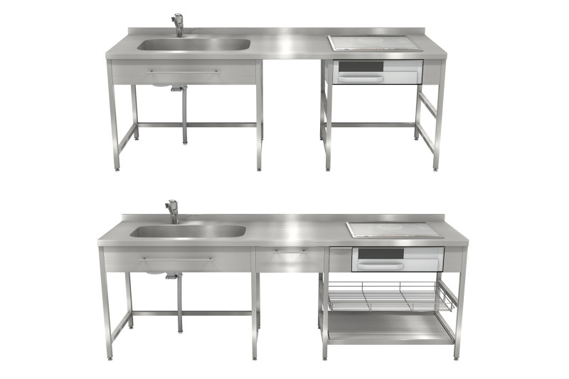 上の形が基本形（W2250×D650）、下は収納類のオプションを付けた場合（W2400×D650）。
