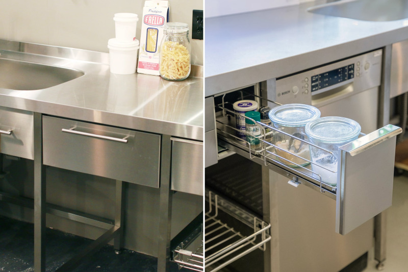 左：ステンレス1段引き出し（オプション）／右：ステンレスミニ引き出し（オプション）
