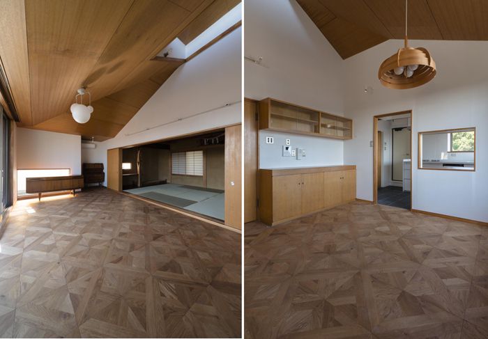 天井の木は既存のままで壁と床の仕上げだけを貼り替え。