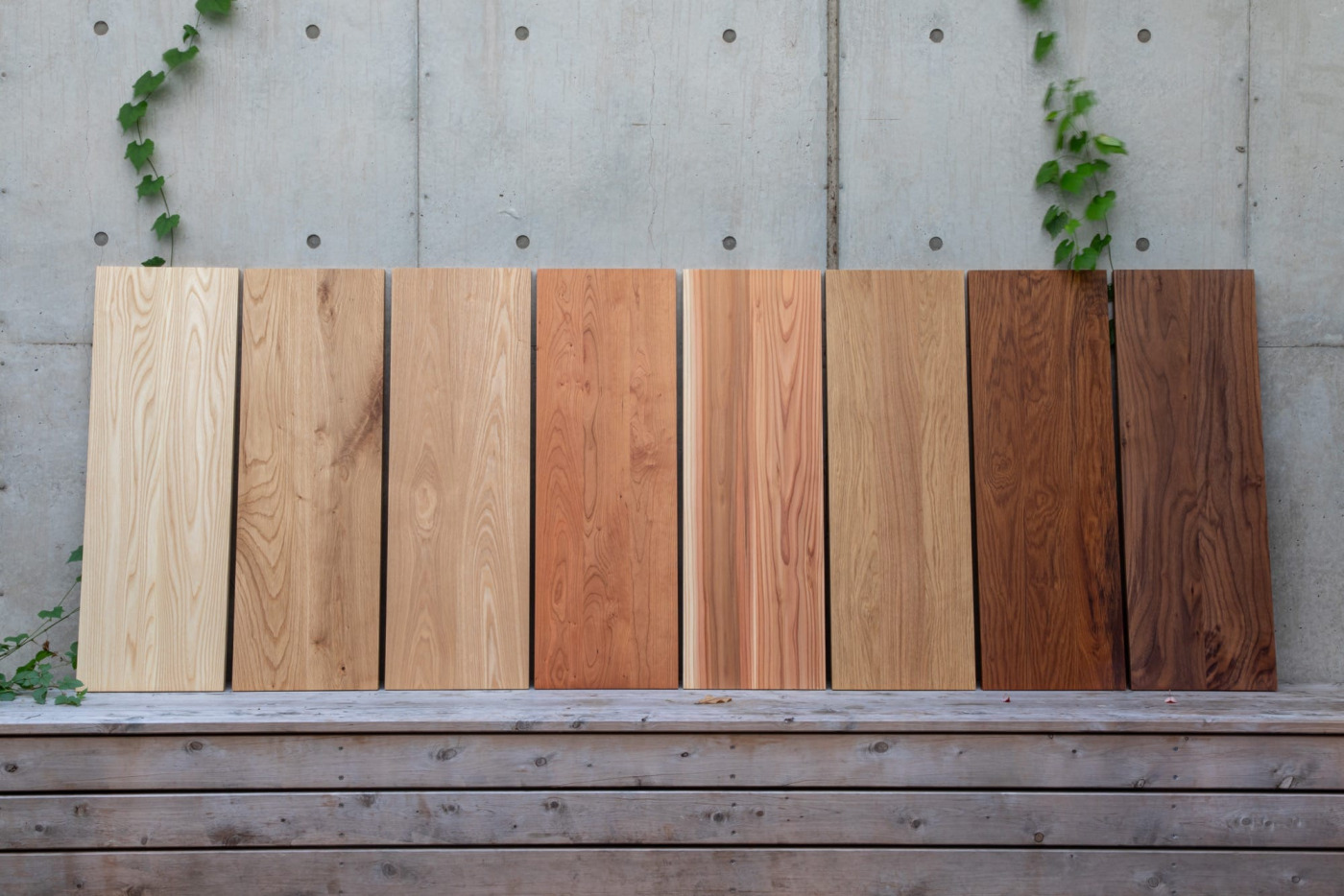 左から「ホワイトアッシュ」「ナラ（節・白太有）」「ホワイトオーク」「ブラックチェリー」「杉」「タモ」「チーク」「ウォルナット」。持ってみると重さや手を触れた感触もそれぞれに個性があります。
