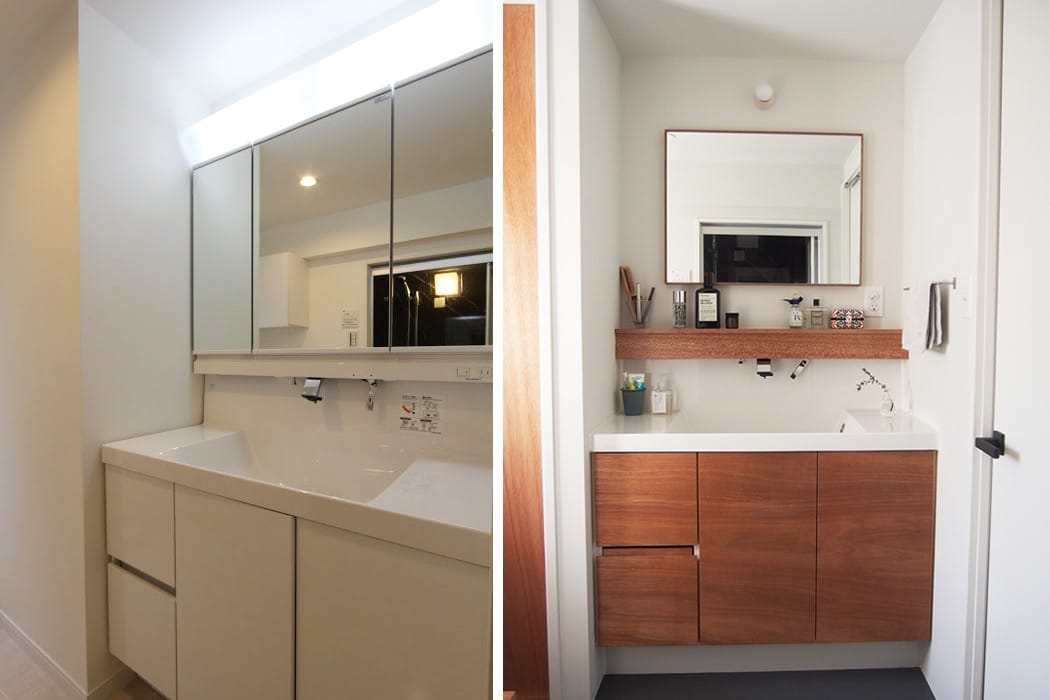 左：before　右：after　洗面器は既存を使って扉・ミラーのみ交換。温かみのある空間になりました。
