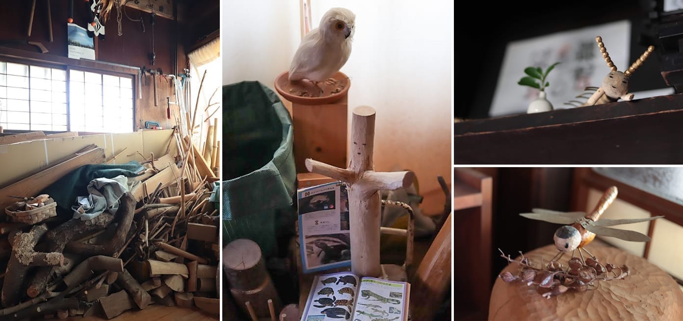 祥充さんは小枝や丸太のストックから鳥や生き物たちを作り出す。家中の生き物を探すのも楽しい。