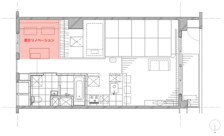赤い部分が2度目の部分リノベ箇所。（&Wのリノベーション・スタイル 〈237〉家の中に小さな家が！独立心重視の子ども部屋より）