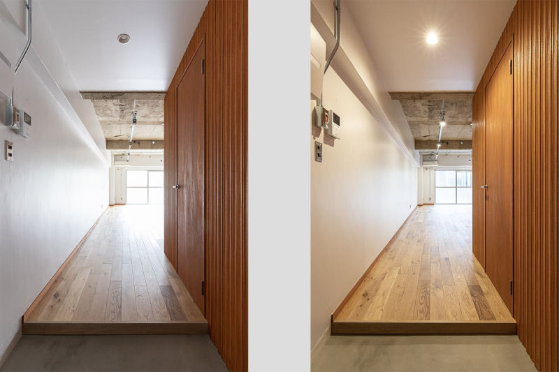 昼の様子と夜の様子。表情が変わります。（「ラウンド 無塗装」を 現場塗装）
