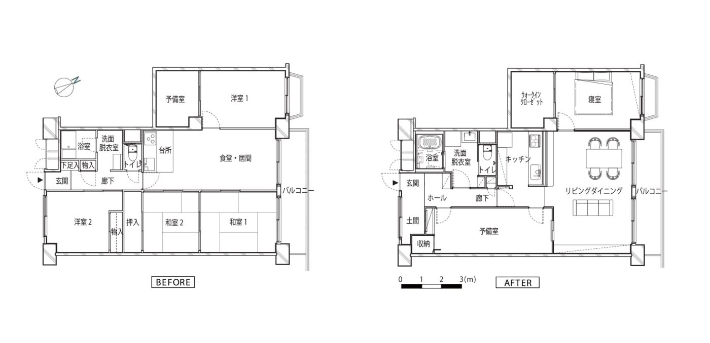 「木製室内窓」が生まれたリノベーションの図面。プロジェクトの詳細はこちらをご覧ください。