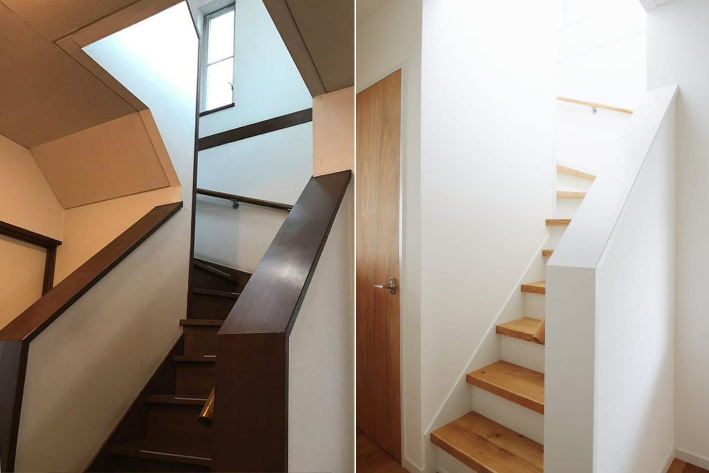 （左）before （右）after 　白と明るい木の組み合わせに変えるだけで、廊下と階段スペースがすっきり明るい印象に。