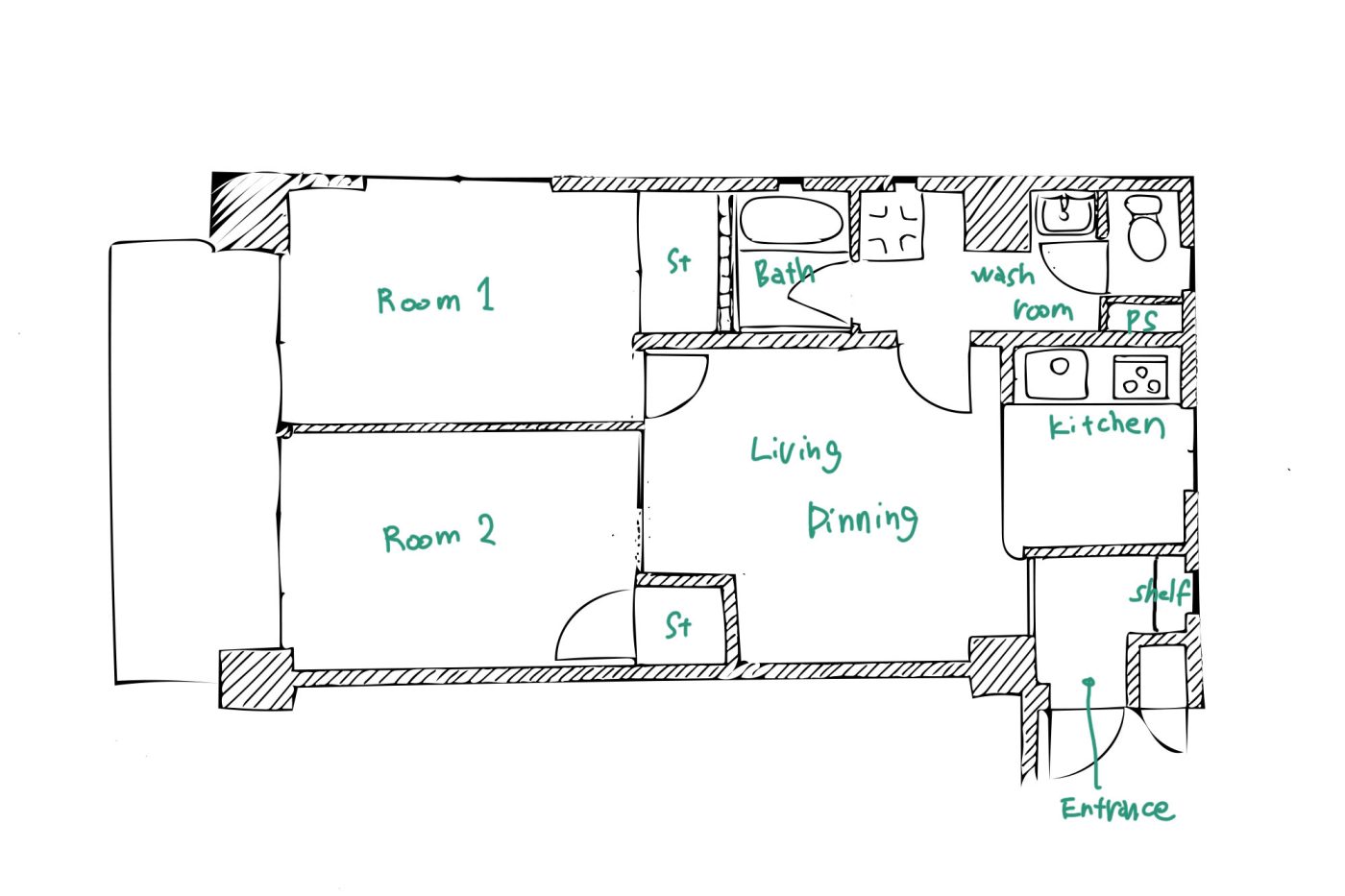 Before：ベランダ側の２部屋は、築44年を感じる畳のある間取り。