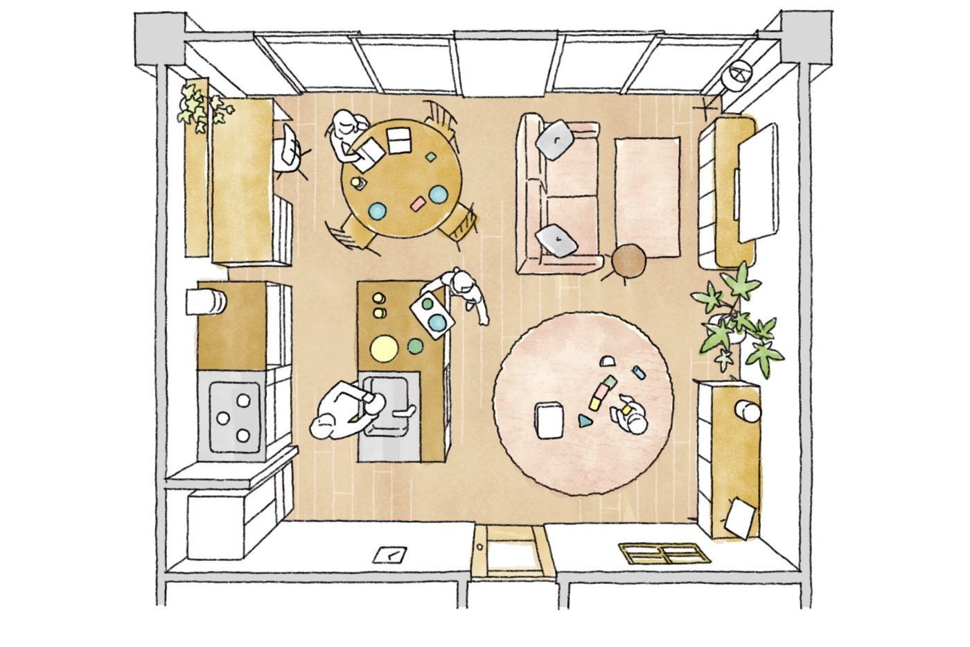 木の天板がリビングダイニングのインテリアに溶け込んで、オープンなキッチンと空間の一体感を高めてくれます。