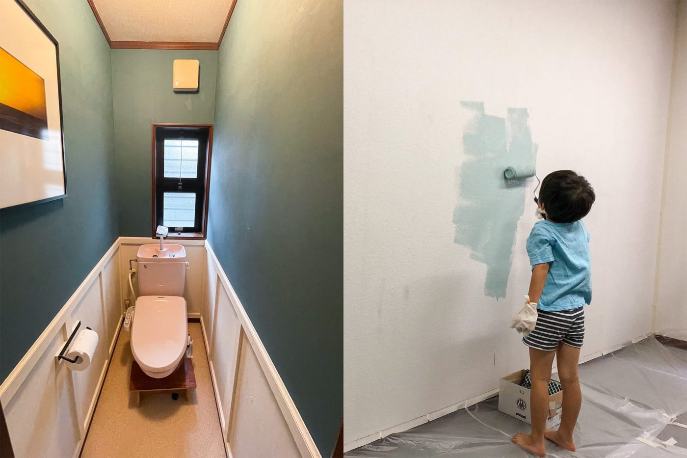 最初に手をつけたのがトイレ壁の塗装（左）。ちょっと雰囲気が好きじゃないから、塗ってみよう！と軽い気持ちでトライしました。そこから子供たちと一緒に、他の部屋の塗装を楽しむように（右）。