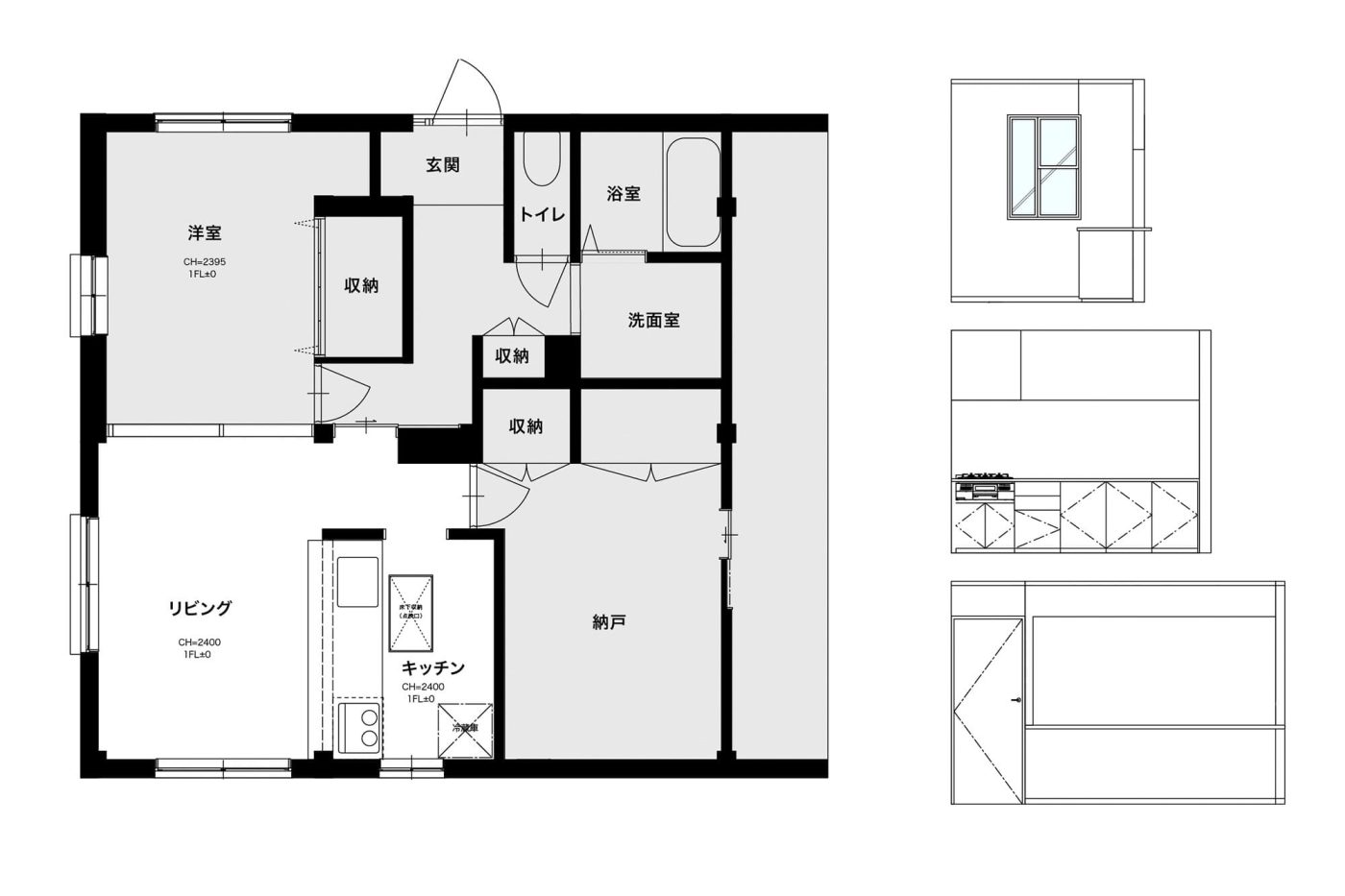 キッチン側面を壁付けにして、上部をオープンにしたプラン。これとは別に、既存のキッチン開口部分を広げるという案も出ていました。