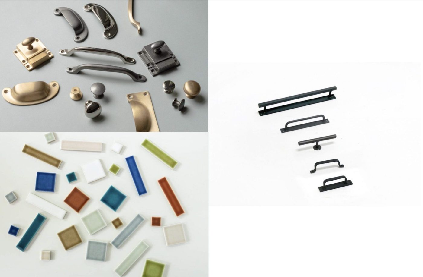 toolboxが提供した鋳物キッチン把手 （左上）、水彩タイル（左下）とアイアン把手（右）。「選ぶ」が楽しめるように、形状や素材の違うものを取り揃えました。