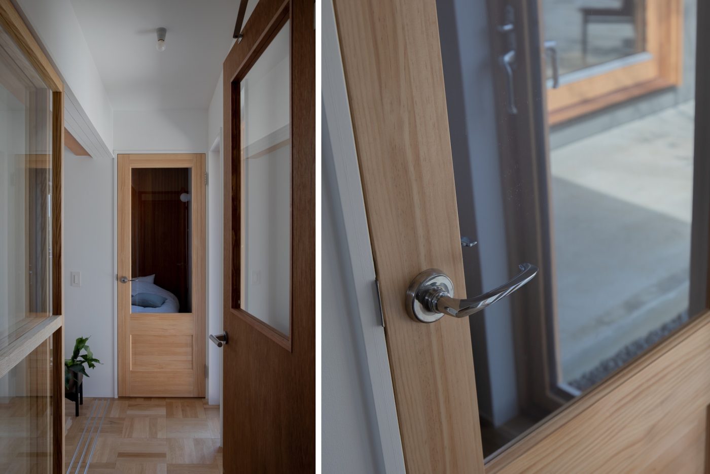 建具も木製の素材感のあるものを。寝室の扉には『船舶ドアパーツ』のレバーハンドルが採用されています。