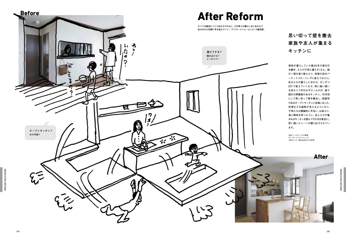 家づくりドキュメンタリーで連載したtoolboxスタッフ稲垣のキッチンリフォーム。閉塞的な壁を取り払った妄想を舞木さんが楽しいイラストで表現してくれました。