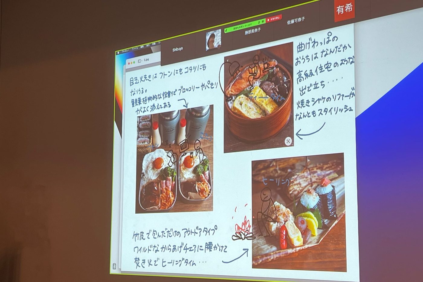 大好きなお弁当を家に見立てて熱く語る新卒スタッフ。手書き派から、最新AIの画像生成を駆使する派まで、表現方法も多岐に渡っていました。