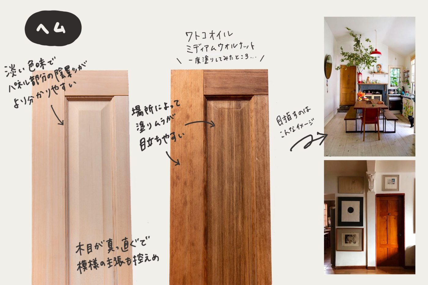 その特性上、ムラなく均一に仕上げるのは少し難易度高めな樹種。逆にその特性を利用して、濃淡のある仕上がりを目指してみると良さそう。何度も自分の手で塗り重ねて、飴色に変化したような、色味・艶感を目指します。