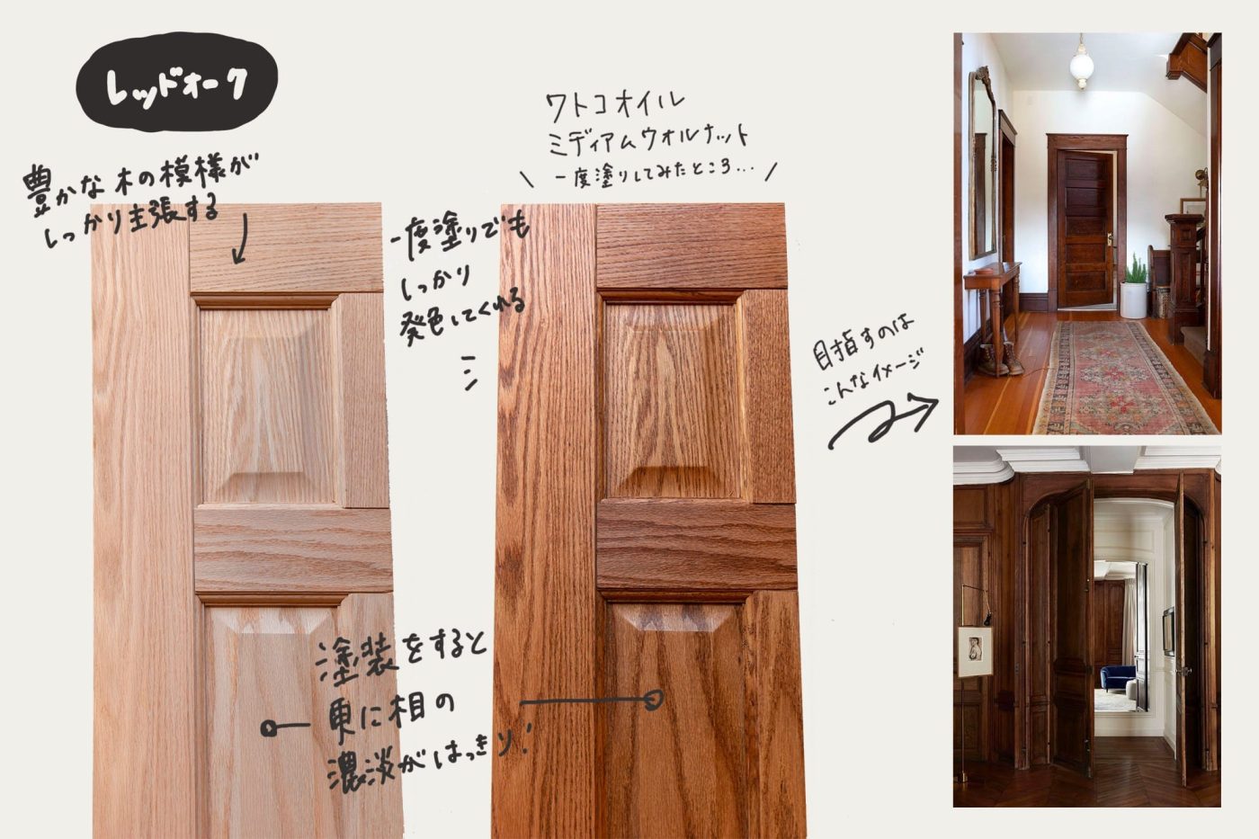 初心者でもムラなく綺麗に塗れる樹種。木目の力強さを活かして、存在感のある一枚がつくれそう。周囲の壁とコントラストをつけた深みのある色味、ずっしり重厚な雰囲気を目指します。