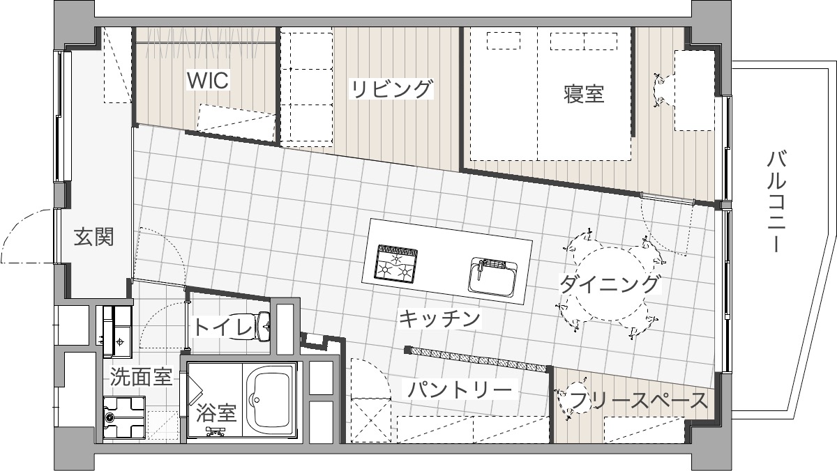 間取り図はこちら。キッチンダイニングを中心に囲むように水回りやリビング、寝室をレイアウト。タイルを壁に沿って貼ることでより斜め感が強調されています。