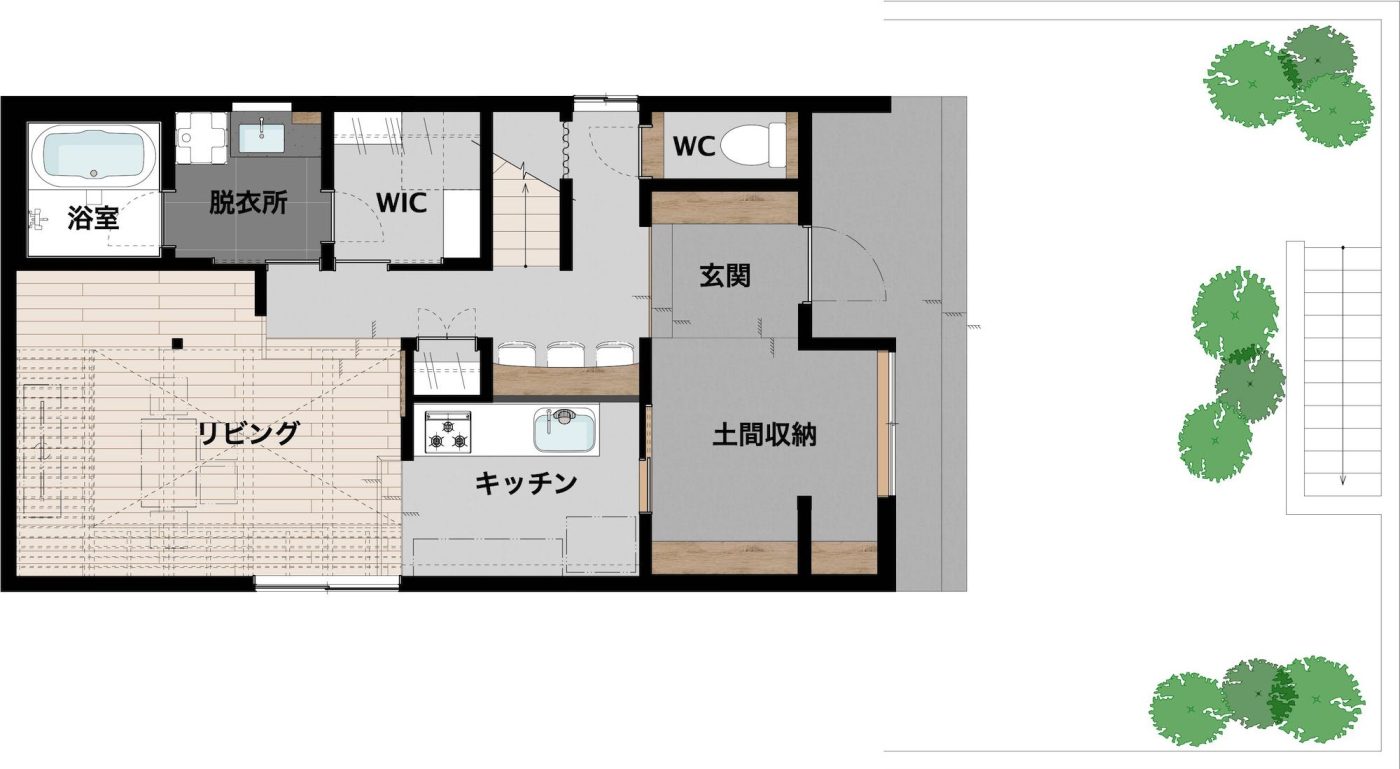 キッチンで作った料理を土間や庭で食べる、キャンプライクな戸建て暮らし1
