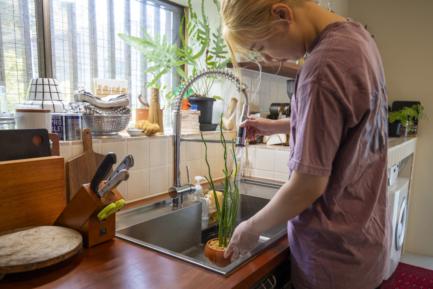 朝は、植物たちの水やりから。さっと掴める厨房仕様の水栓で。