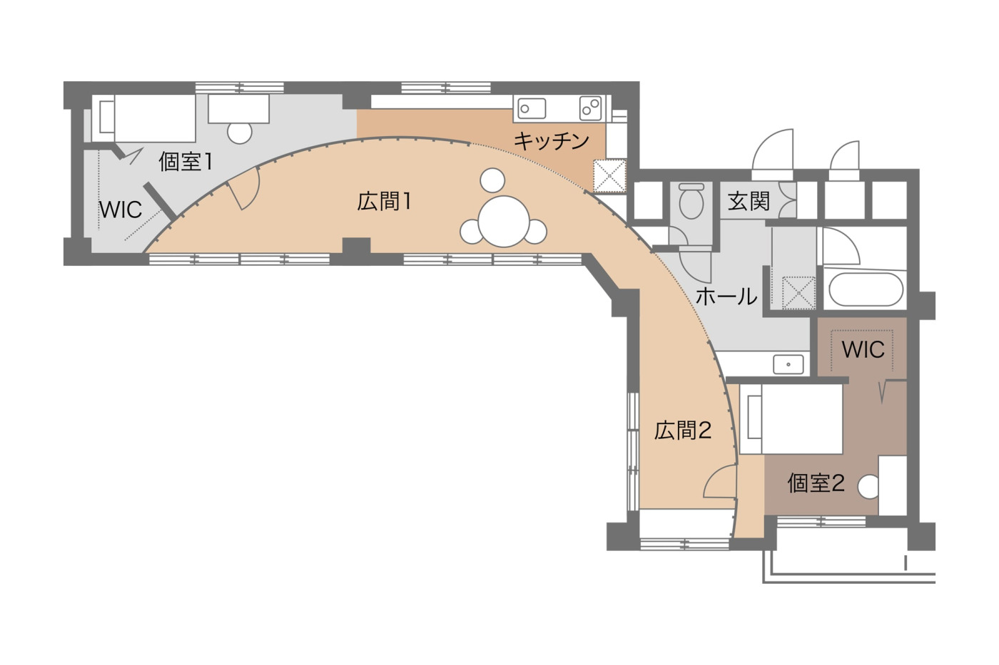 モチーフは“カッパドキアの洞窟”。木のアール壁がL型住戸を貫く、こもり感と開放感が同居する住まい1