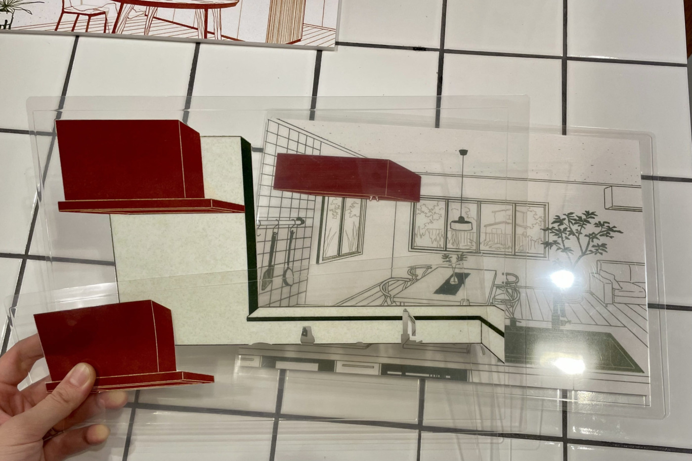 クリアパネルをイラストに重ねて、キッチン上空の景色を色々とお試ししてみてください。