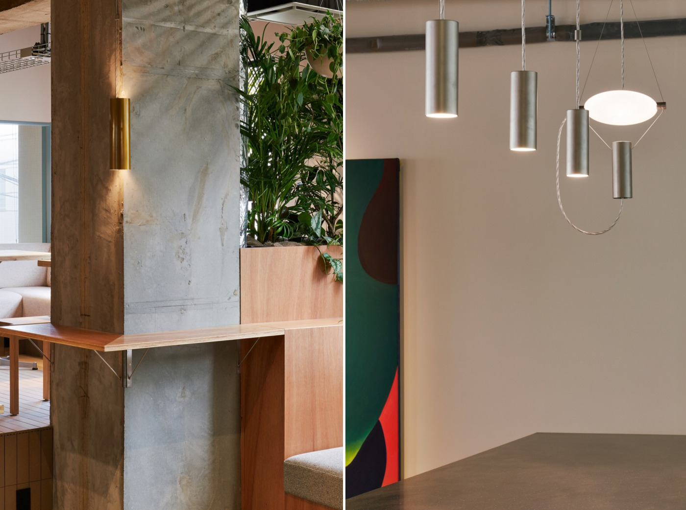 (左)スタンディングカウンターの天板を支えるのはステンレスの『棚受け金物』。(撮影:Tsubasa Kuroiwa)