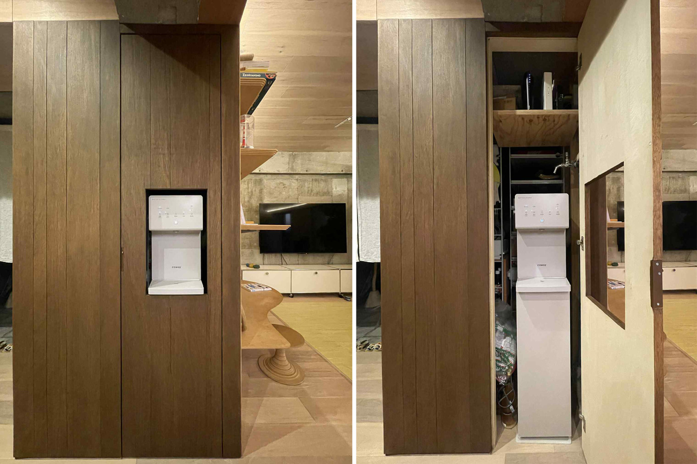 リビング手前の廊下部分に収納と兼ねて。スタンドタイプを隠し込み。（事例提供：小泉設計室）