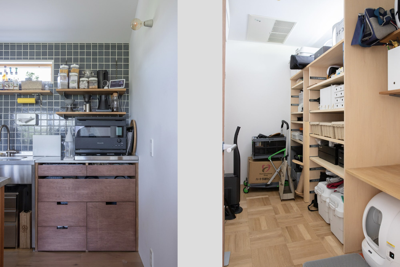 左：新たに造作した引き出し収納。しまいたいものと使い勝手に合わせて、おちゅりさんがデザイン。／右：クローゼットはハンガーパイプを外し、スライド棚を取り付けた。