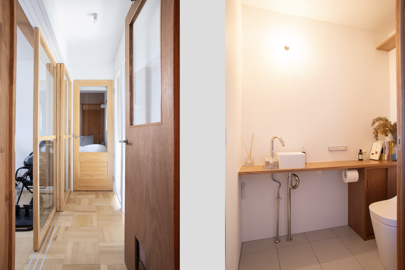 左：フリースペースと主寝室に続く通路。手前の『木製ユニットドア』には「猫ドア」を追加。／右：トイレは、手洗いカウンターの下に新たに戸棚を造作しました。