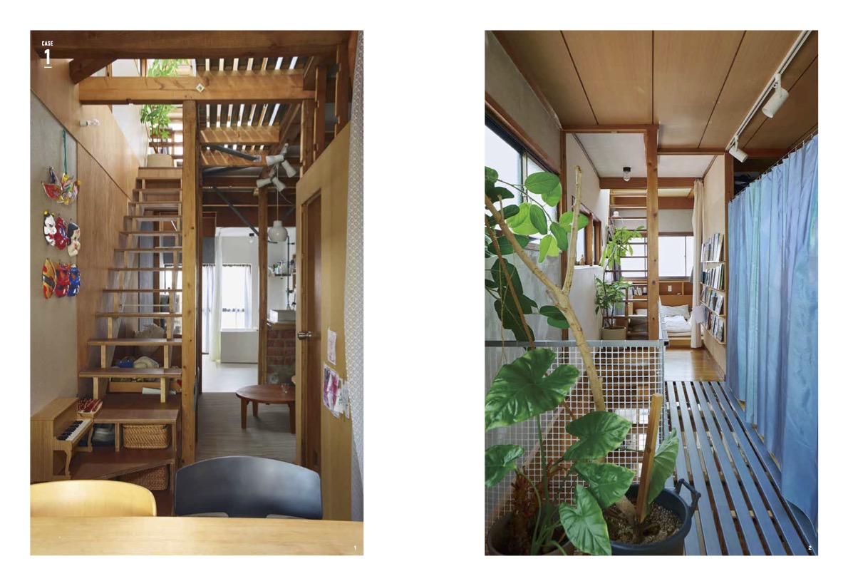 玄関を入ると奥まで丸見えの細長い長屋のリノベ事例。この奥行きと光が下階にもこぼれ落ちる様子が面白いと、縦長写真を上下階並べてみました。（撮影：Masanori Kaneshita）