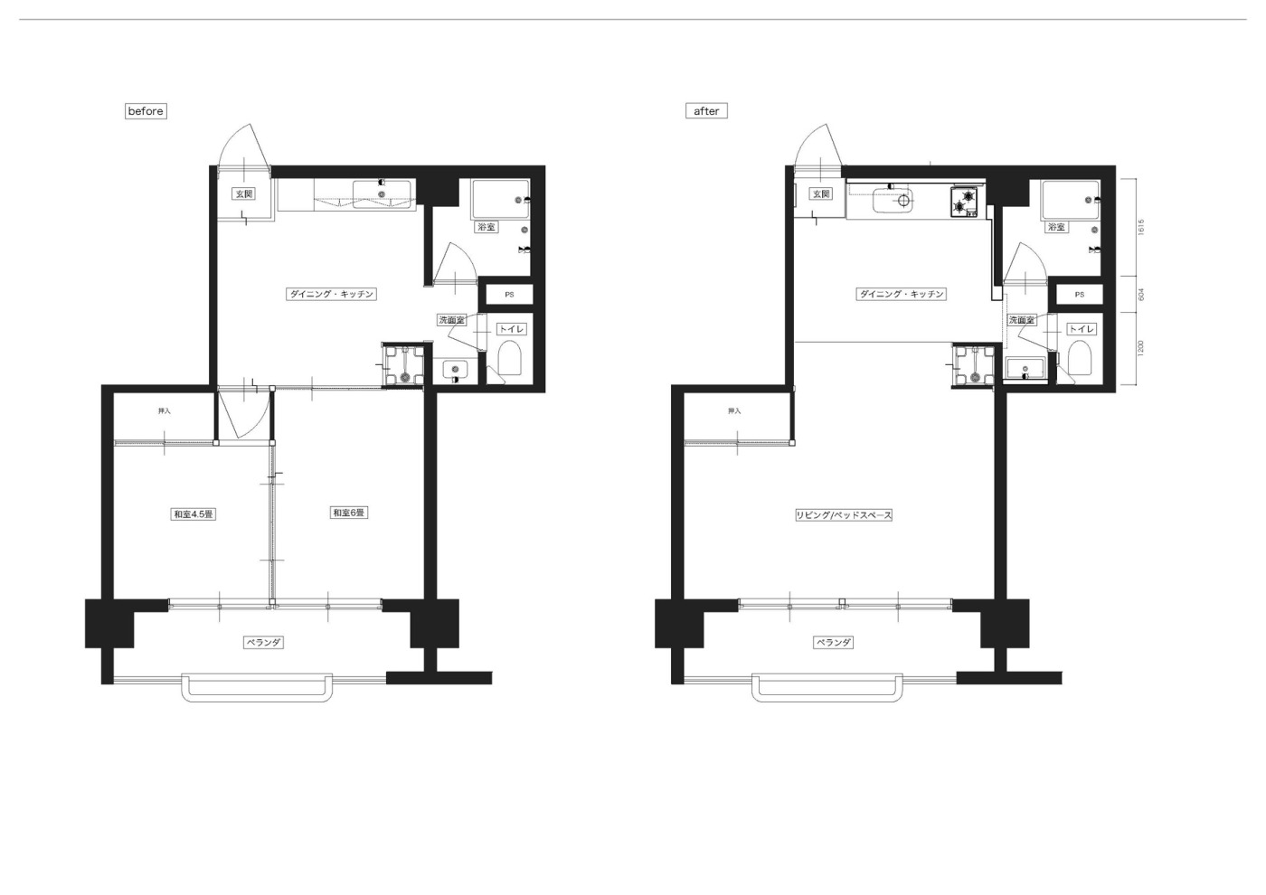 左が改装前、右が改装後の平面図。