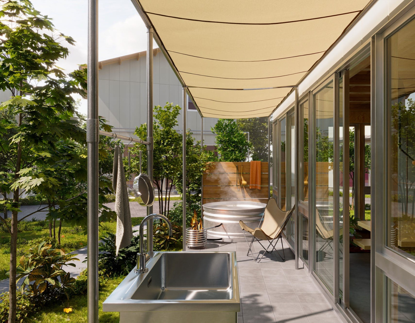 このテラス、どう使いますか？日除けの布もついてきます。