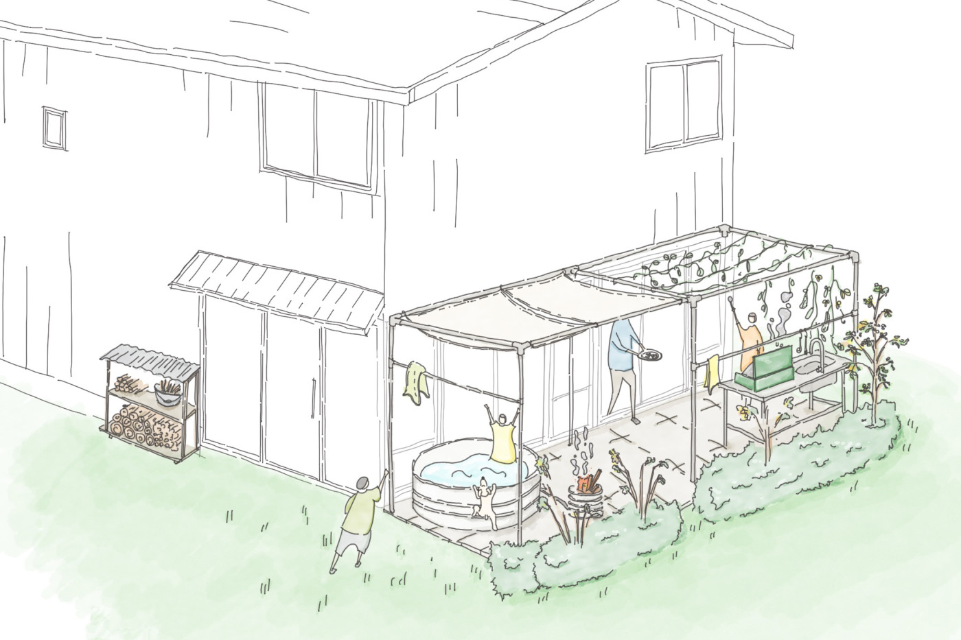 フレームがあることで、テラスも居室の延長として使いやすい。ヘチマやゴーヤを育ててみるのも楽しそう！