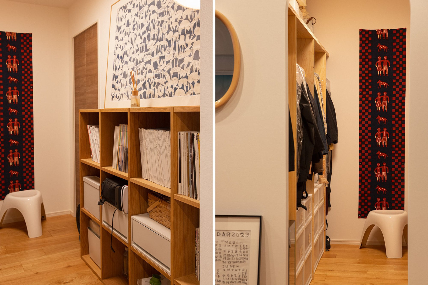 「なんでも納戸」と言いつつも、中まで整理整頓が行き届いている……！居室から見える正面の壁には柚木沙弥郎の小巾布をタペストリーのように飾って。