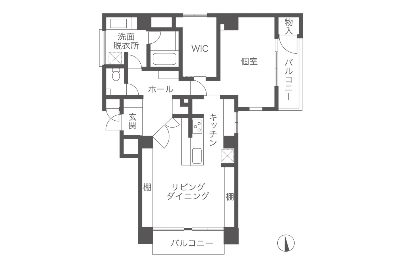 購入時の間取りは1LDK+WIC。竣工当時は4DKだったそう。