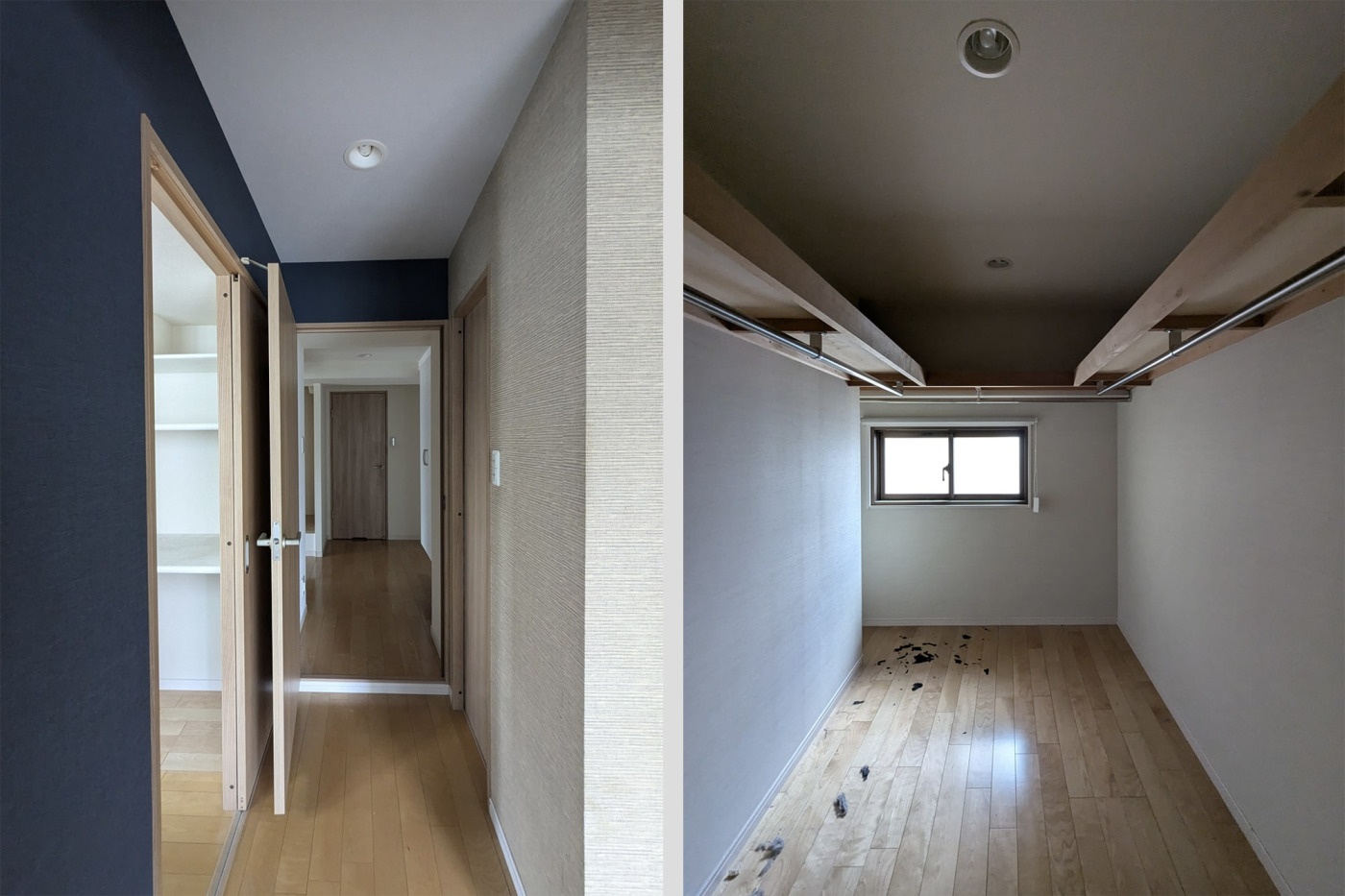 左：個室と個室を繋ぐ通路状の空間。／右：北側に小さな窓があるWIC。