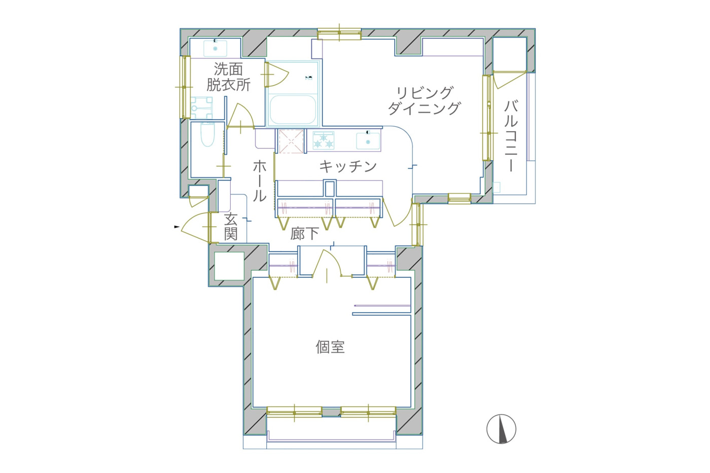 キッチンや収納といった生活機能を中心に置いて、居室にゆとりを持たせたプラン。