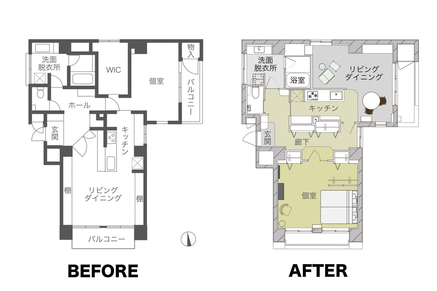 以前はLDKがあった南側を広い個室にして「ベッドルームリビング」に。収納を兼ねた廊下や通り抜けできるキッチンで回遊性を持たせました。