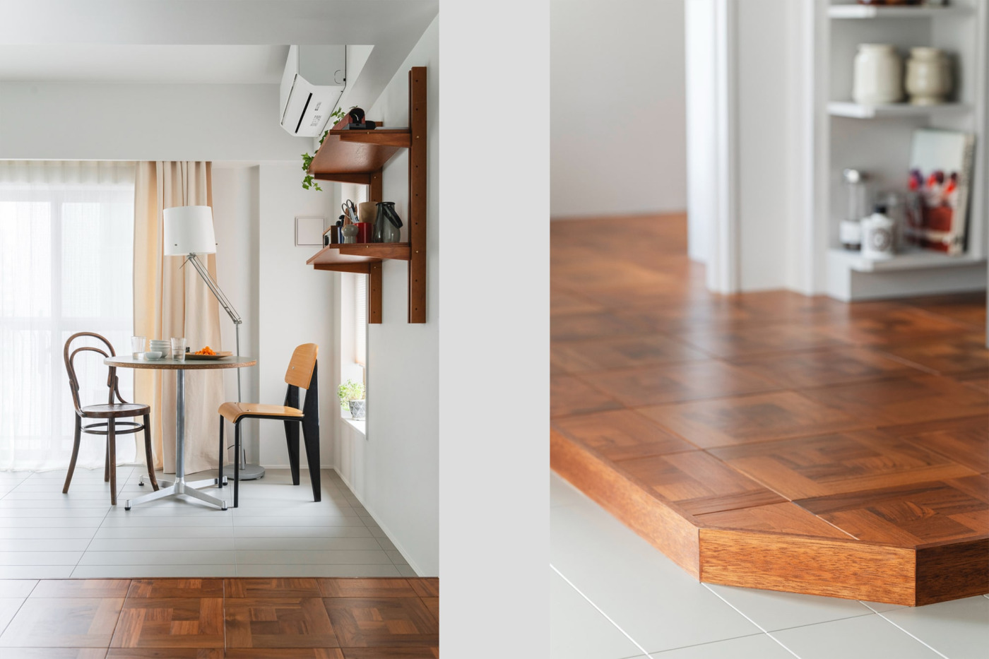 左：グレーのフロアが『チークウッドフローリング』や木の家具を引き立てます。／右：段差の巾木は着色塗装したラワン材を使用。（撮影：山下弘毅）