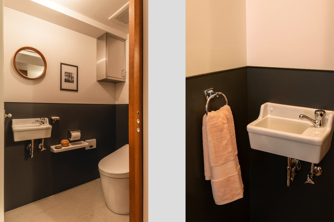 ポイントは、下半分をダークグレーに塗り上げた壁と、切り替わりラインに添えたかまぼこ型のモールディング。（左／撮影：山下弘毅）