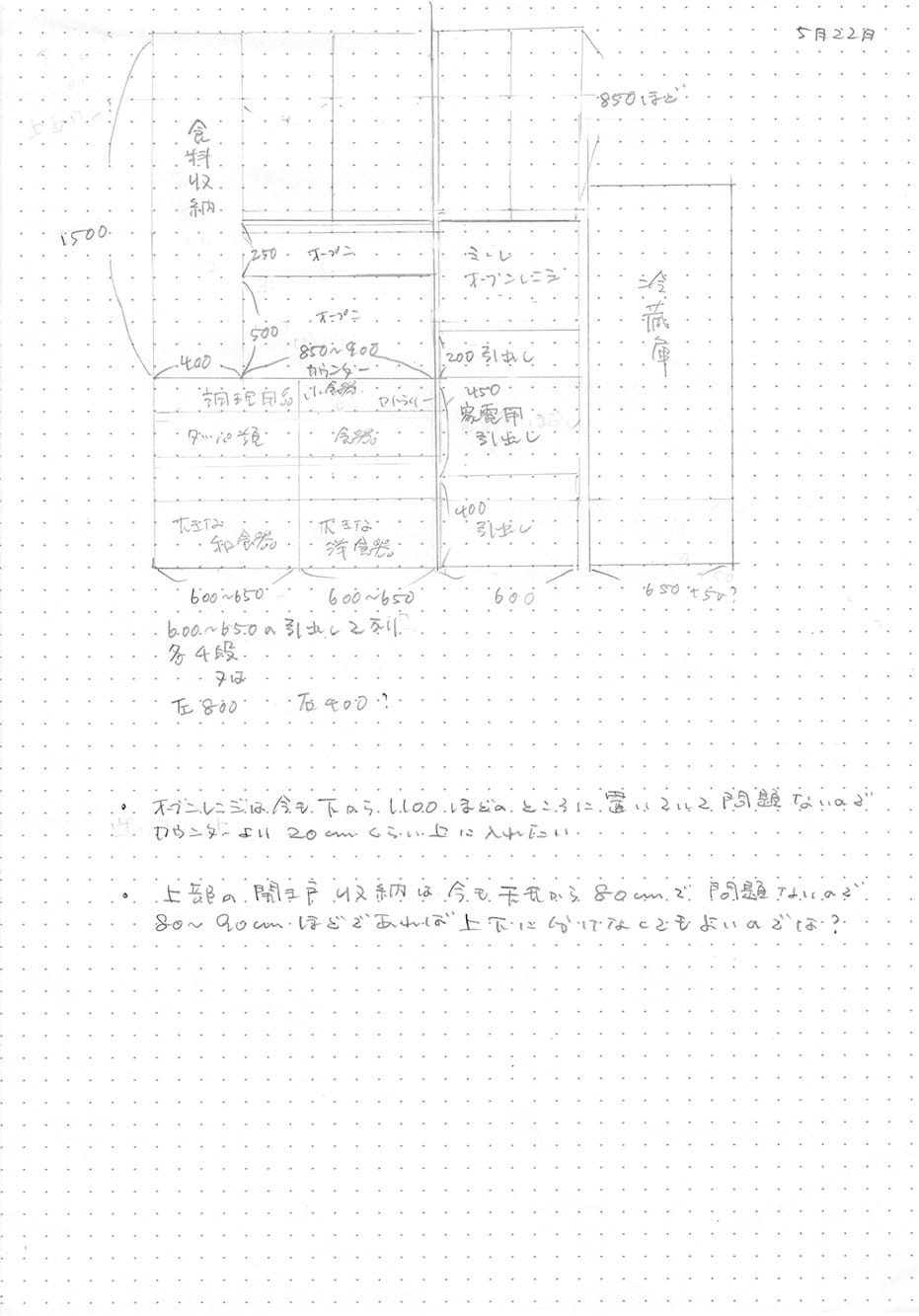収納計画のために書き込まれた奥様の手書きメモ。