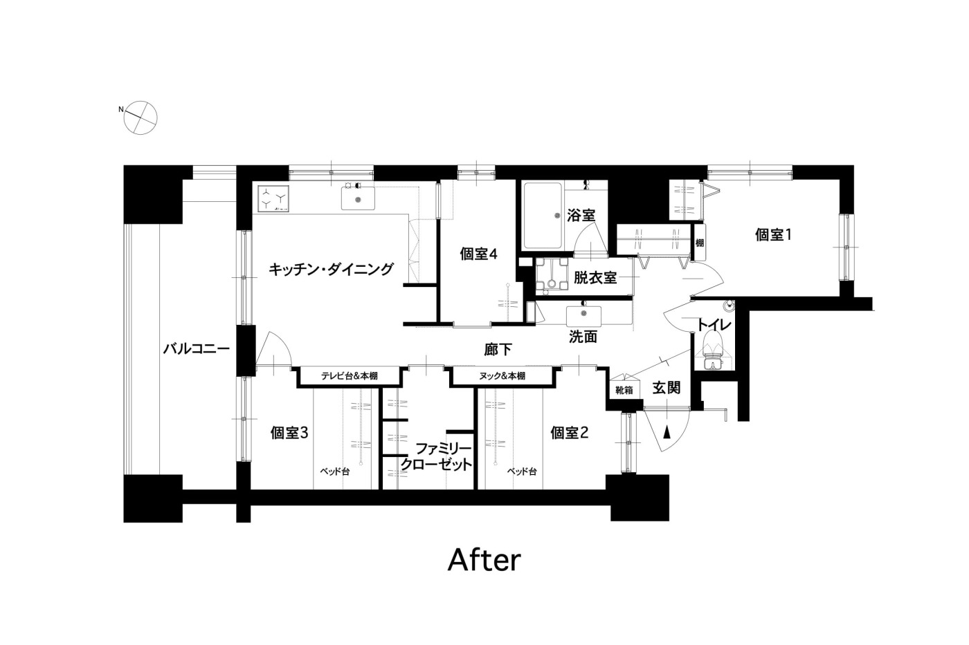 After図面。個室４つ、ファミリークローゼット、ダイニングキッチンの4SDK。