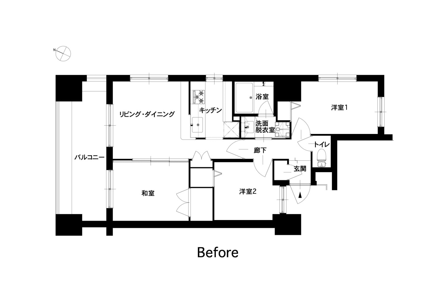 Before図面。洋室２つ、和室のついたリビングダイニング、独立したキッチンの3LDK。