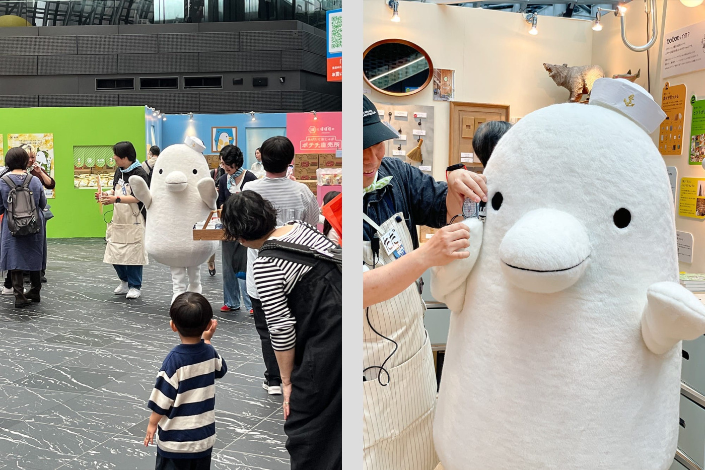 ブースからふと目をやると、……あれは！イベントキャラクターの「ほぼトリドリちゃん」を発見。毎日こうして楽しそうに会場内をお散歩、toolboxのブースにも立ち寄ってくれました。
