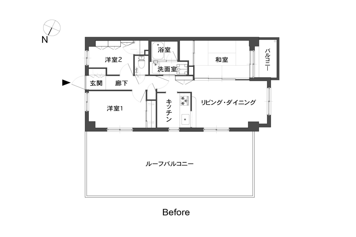Before図面。居室部分が60㎡なのに対し、40㎡の広さを誇るルーフバルコニー