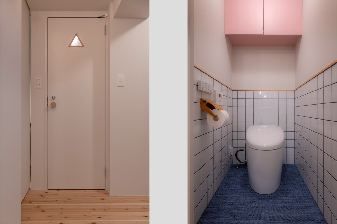 左：三角の窓と『木のドアパーツ』の丸いドアノブに遊び心を感じるトイレのドア。右：床は、防汚性が高く、足触りが良い織物床タイル「ボロン」で仕上げました。