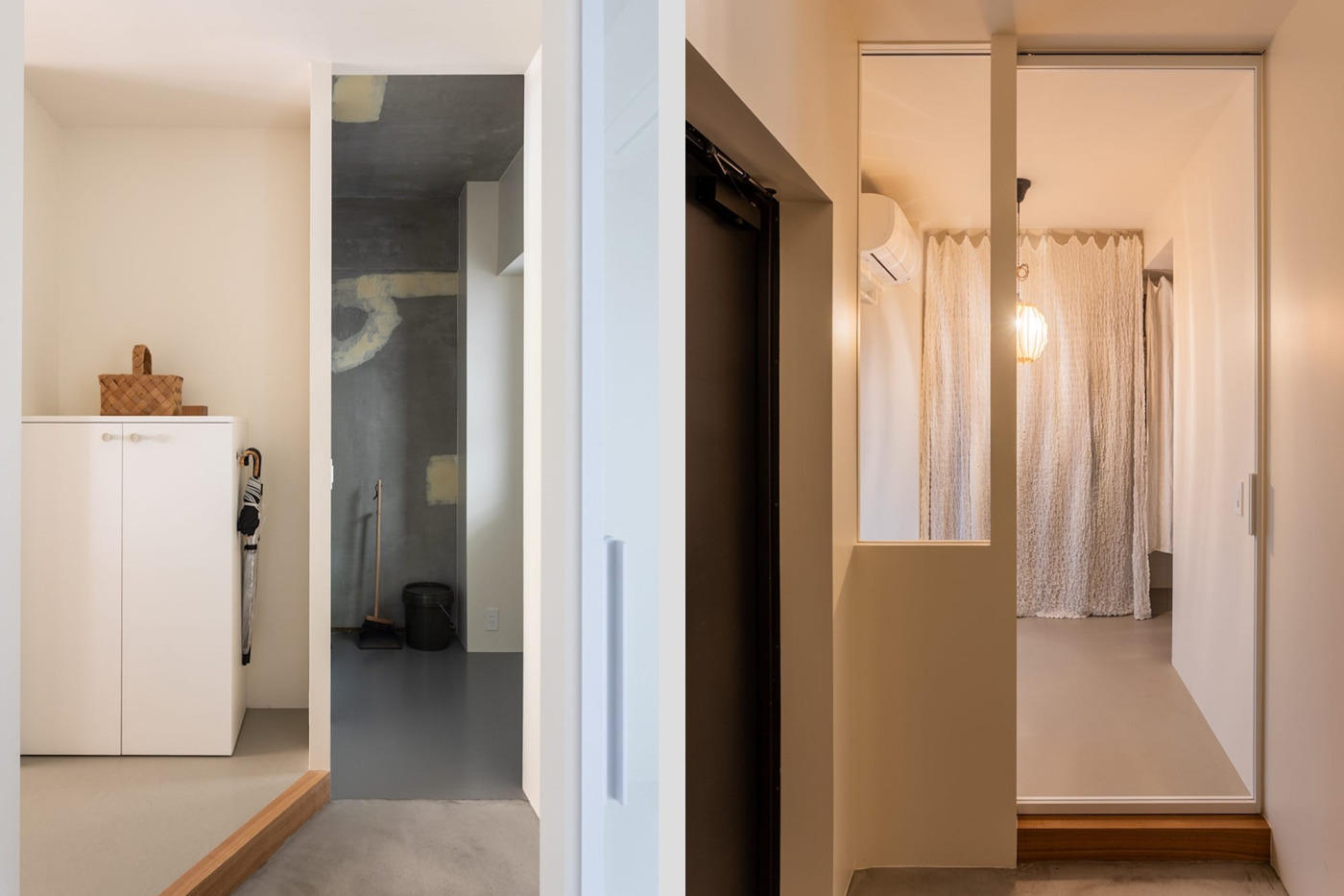 玄関収納は、シンプルなIKEAのキャビネットにザラっと土の質感を感じる『陶器のつまみ』を合わせて。白で統一した柔らかな空間に素材感をプラスしました。