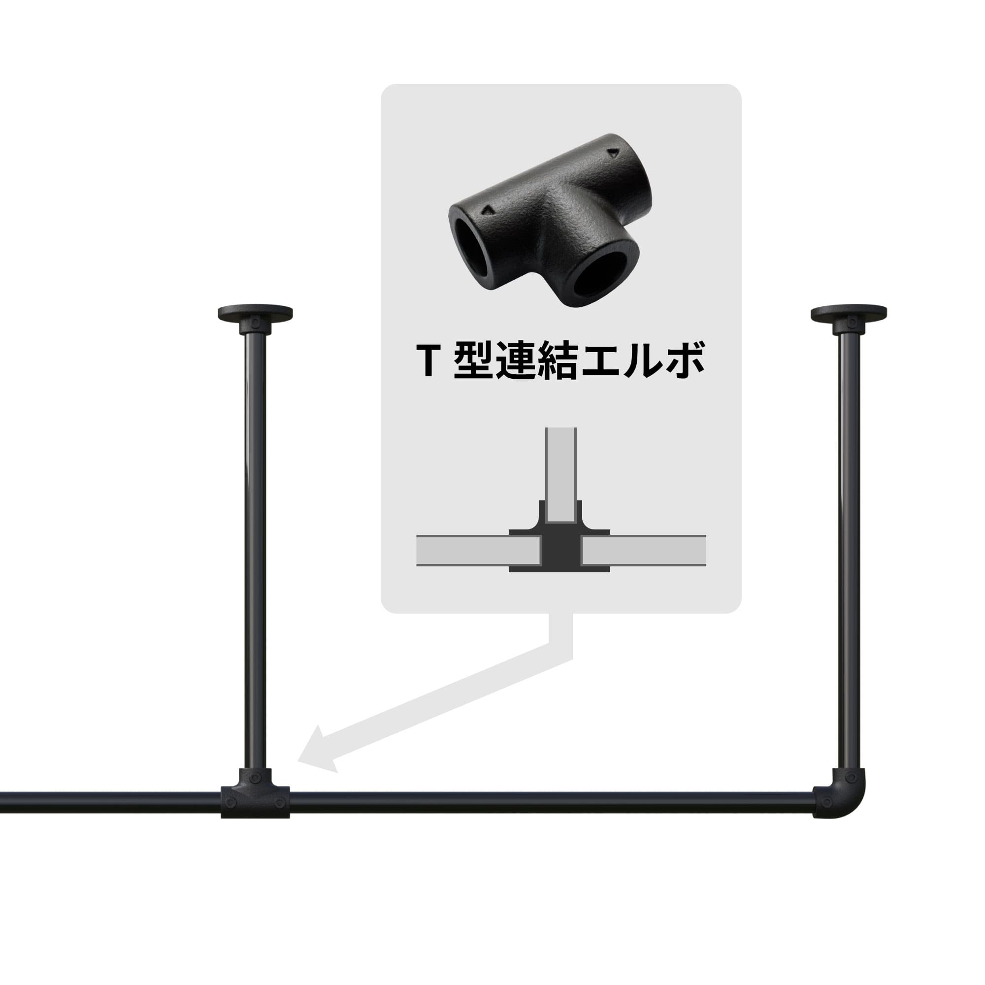 アイアンハンガーパイプ T型連結エルボ ブラック PS-HB008-37-G141